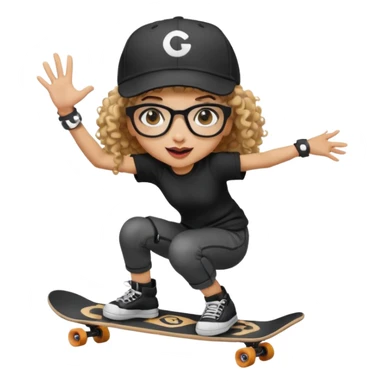 ["An excited girl with light skin, curly hair, wearing a baseball cap and square glasses, dressed in goth fashion, is skateboarding while holding a camera."] sticker