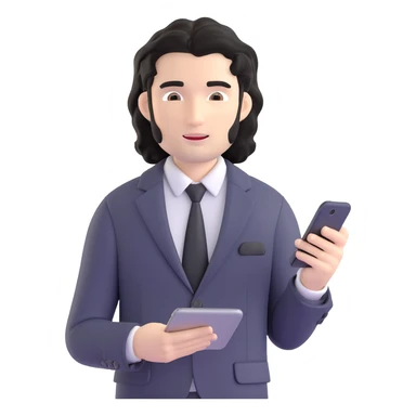 Business strategist with black wavy hair, stubble, chiseled face, wearing blazer and button-up shirt, working on digital devices, surrounded by data visualizations and AI technology, innovative tech-savvy expression sticker