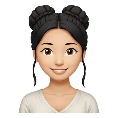 medium tan asian woman with long black hair tied in a high messy bun, round brown eyes, white v neck blouse. shes smiling and friendly. sticker
