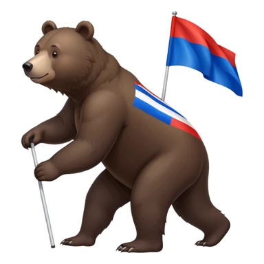 Medium-dark brown bear on four legs with Russian tricolor flag (white, blue, red horizontal stripes) on its back, realistic features sticker