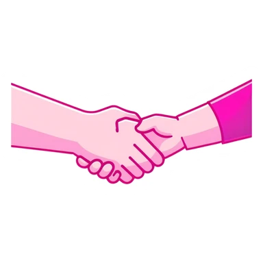 handshake, transparent glass with bright pink gradient from #FF335F to #FF99AA, soft glow and shadows, minimalistic sticker