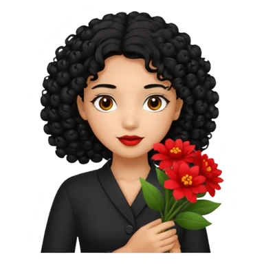 A girl with curly  black  hair and res flowers in her hands sticker