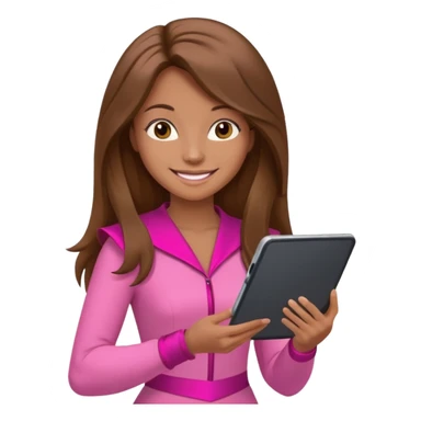 woman with brown long hair and pink costume with tablet sticker