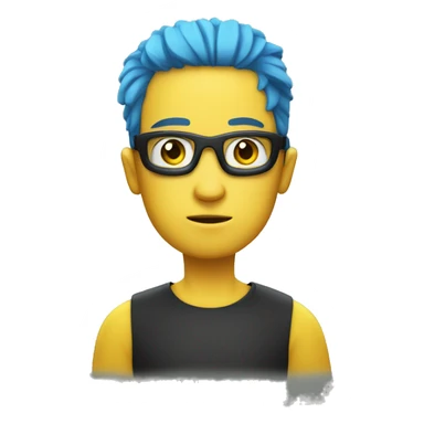 serious yellow boy in blue shirt and black hair, with a snorkel sticker