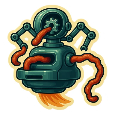 hovering robot. stuffs material into large hole on its top where a head would be. no head. spinning gears and blades in hole grind material.  3/4 view. between realism and cartoon. well lit. no dramatic lighting. metallic shiny robot. works diligently. drake humor sticker