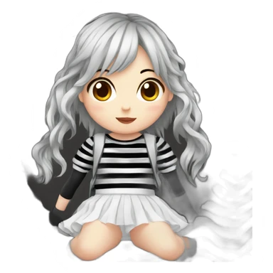 Frontal view curvy emo girl sits white skirt striped stockings hands up sticker