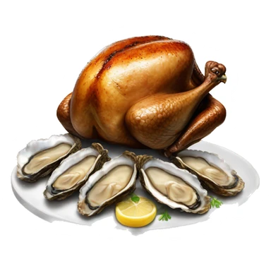 Standing Turkey next to slices of very Burnt dark toast and oysters sticker