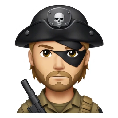 A rugged mercenary with stubble, black tactical gear, and an eye patch with a faint scar beneath. sticker