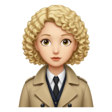 detective woman in long coat, blond short curly hair, white skin sticker