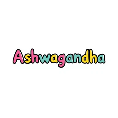 The word "Ashwagandha" hand-drawn in a vibrant tropical color scheme with pinks, teals, and yellows. Simple doodle style with minimal decoration. sticker