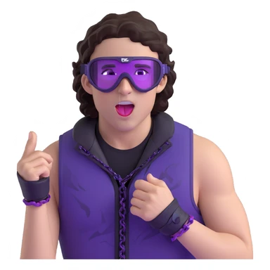 close-up of bad guy male athlete with white skin and moderately curly dark brown hair on top with shaved sides, wearing ski goggles with purple frames and very dark black lenses, a simple plain black chain necklace, and a completely unzipped sleeveless vest with purple and black sequin fire pattern design with no logo, pulling his tongue out very far in an exaggerated mocking gesture, looking menacing and villainous sticker