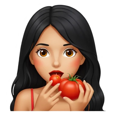 Pretty tanned girl with long black hair, eating tomatoes sticker