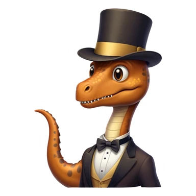 Long neck dinosaur with a top hat and a human face sticker