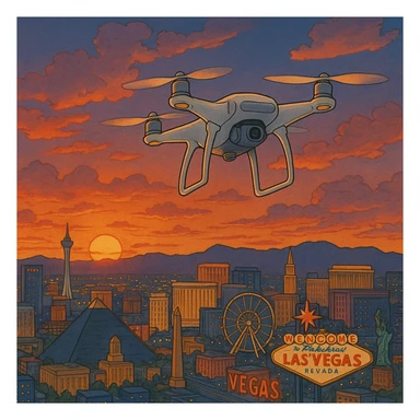 ghibli style illustration of a drone soaring over Las Vegas at sunset sticker