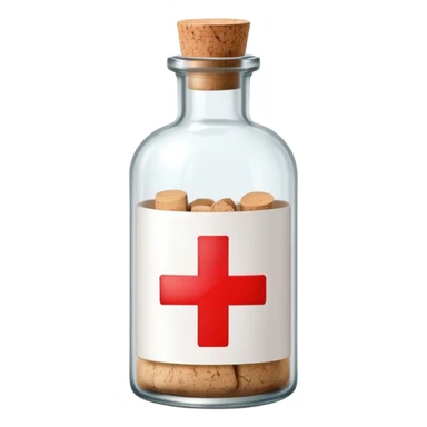 A glass medicine bottle with a cork top and red cross label sticker
