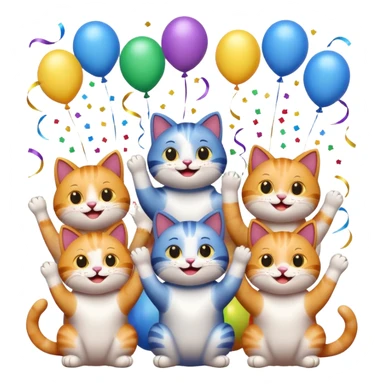 five cats celebrating and clapping for one cat, confetti and balloons, emoji style sticker