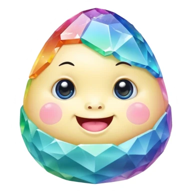A single pastel rainbow crystal baby rock character, chubby and heavy with a chunky, irregular polygon shape, not egg-shaped, covered in faceted crystal planes and small chips, big glossy rainbow eyes and a small smiling mout sticker