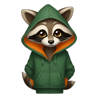 brown raccoon with orange eyes and a dark green hood that is smiling sticker