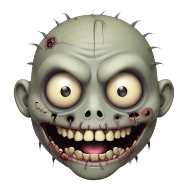Cinematic Comical Zombie Portrait Emoji, with a grotesquely exaggerated yet playful decaying face in muted ashen tones, head cocked in a dramatically shocked expression with wildly comical, googly eyes and a gaping, silly grin revealing quirky stitches, simplified yet hilariously expressive, highly detailed with a soft eerie glowing outline capturing the absurd humor of a zombie in comic disbelief! sticker