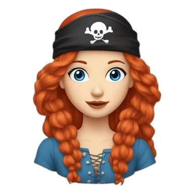 Woman long red hair in a platt.pirate hat. One side of head has no hair. Blue eyes. skull and crossbones t shirt sticker