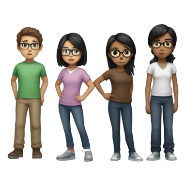 2 brown haired girls, a black haired girl with glasses, a black haired short boy and a brown haired boy, all lunging to the side sticker