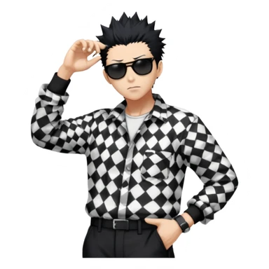 Satoru Gojo from Jujutsu Kaisen with spiky black hair, wearing black and white checkered shirt with rolled-up sleeves, black pants, confident expression, sunglasses on top of head, one hand in pocket sticker