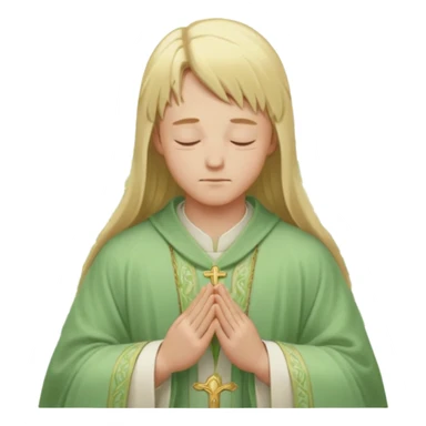 a young bishop, long blonde hair, light green wide, flowing outer robe. hands clasped together, eyes closed. Soft light, subtle fern. Waist-up, profile. sticker