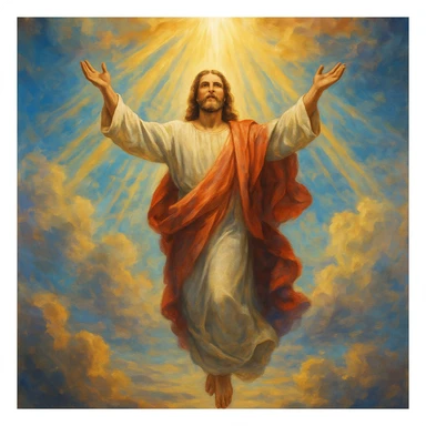 Jesus ascending into heaven, arms raised, the sky opening above with rays of light, uplifting and spiritual sticker