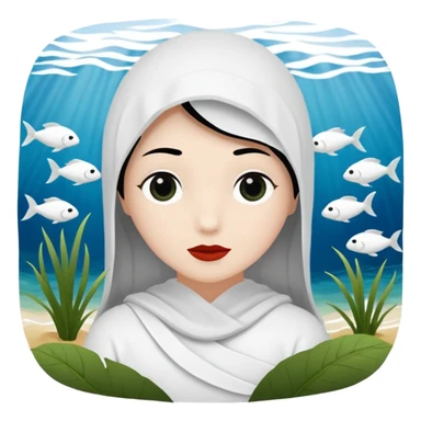 vull un perosnatge estil bimoji que sigui com una nimfa bella i fantasmal amb túniques blanques. Té la pell literalments blanca com el guix, cabell platejat, un nas llarg, ulls negres grans i llavis carmesí. que estigui somrient sense arrecades i roba vermellai balnca  sticker