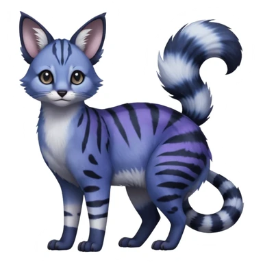  Realistic dull gloomy-dark-deep-grayish-indigo-violet-gradients fur with random markings beautiful elegant pretty precious cute  Fakémon-Pokémon-opossum-feline-serval-caracal-chinchilla-Minccino-hybrid-creature with a big fluffy bushy striped tail (full body) sticker