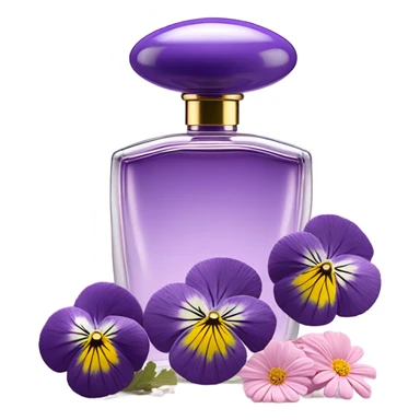 composition of aesthetically pleasing purple pansies, pastel pink daisies and a rosy vintage-style perfume bottle sticker