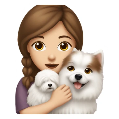 beautiful girl with brown hair kissing her cream white spitz dog sticker