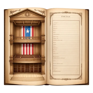 Open antique book with clearly visible detailed stage design sketches spread across both pages, showing theater elevation drawings and floor plans, Puerto Rican flag colors in the sketches, wooden bookmark sticker