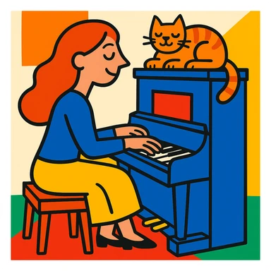 woman playing piano while her cat sits on top of the piano sticker