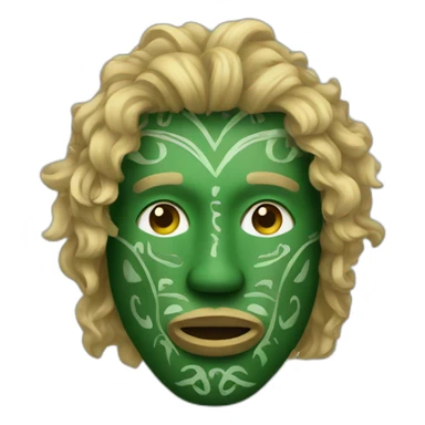 A man wearing a green wooden tribal mask with medium length blonde curly hair sticker