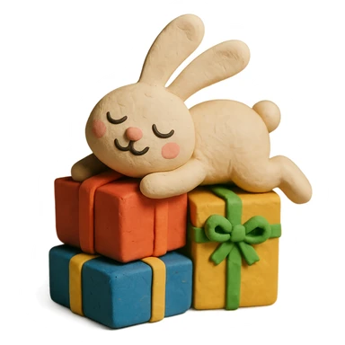 bunny lying on birthday gifts, sleepy and happy smile eyes, claymation style sticker