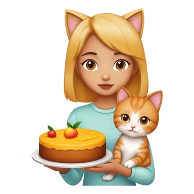 Beautiful girl holding a mango cake and a kitten sticker