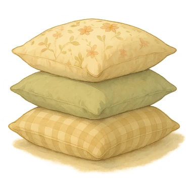 realistic stack of three pillows, floral, plain and gingham pillowcases, natural colors, soft, fairy-like atmosphere, no background, square size sticker