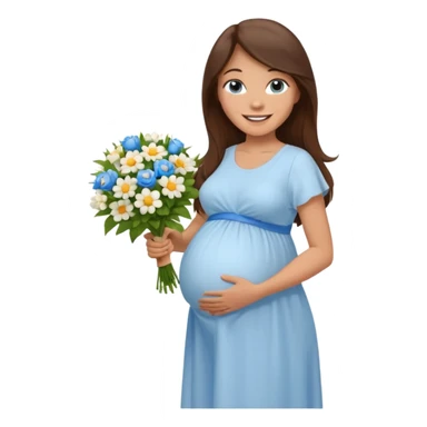 Create a cute emoji-style illustration of a young brunette woman with long brown hair, blue eyes, and a happy smile. She is pregnant, shown with a visible baby bump, wearing a simple white dress and holding a small bouquet of flowers. She looks excited and joyful, as if she's about to marry soon. sticker