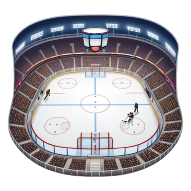 Please, make An icon featuring The background shows a packed stadium with cheering fans, bright arena lights, and an icy rink and close-up shots of key hockey equipment: a hockey stick, puck, and skates. Transparent background highlights the essentials of the game and the thrill of the sport. sticker