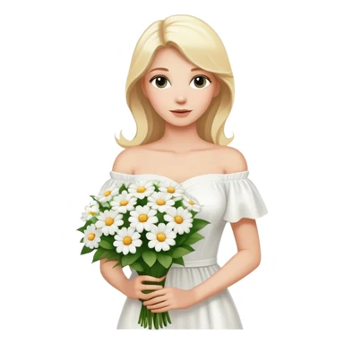 blonde woman in a white off-shoulder dress with a bouquet of white flowers in a white bag in her right hand sticker