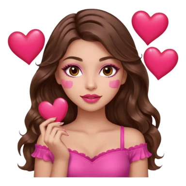 girl with long wavy brown hair, brown eyes, long lashes makeup, sexy pink lips, light to medium complexion, wearing a pink sexy top, many  hearts in hand sticker