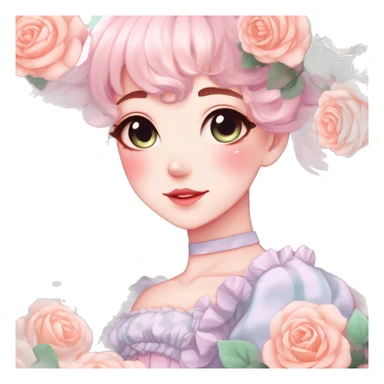 Gorgeous pastel anime style lady with blushing face and roses cottagecore fairycore pastelcore shiny colorful pearly aesthetic trending style sticker
