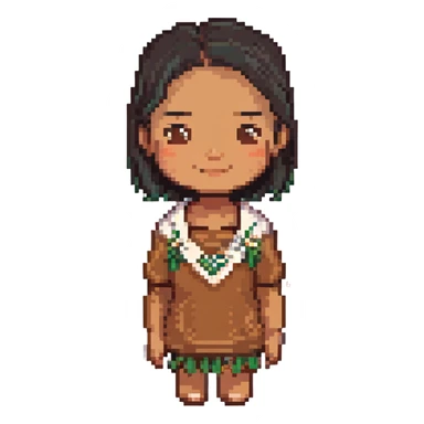 brown Samoan skinny girl with slight Chinese features, black short hair just below the shoulders, subtle smile, pixel art style sticker