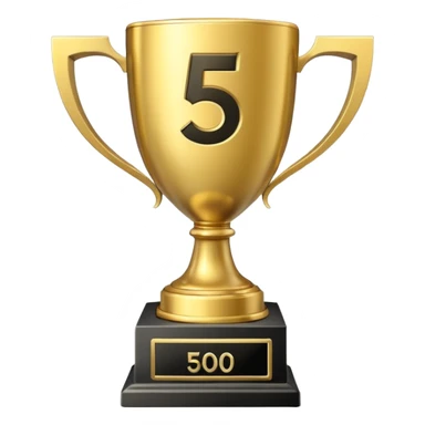 Golden trophy with "500" engraved, YouTube play button, minimal, white background sticker