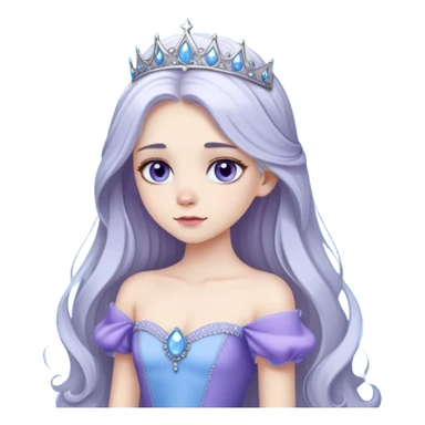 long haired girl with silver hair color and pale skin, she has a sky blue eye color and she's wearing a purple princess gown sticker