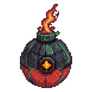 Red digital bomb with flame-shaped fuse at the top, round black bomb body with red accents, pixel art style sticker