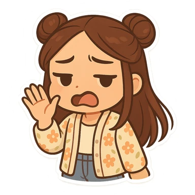 Create a chibi sticker of the girl from the reference image. She has brown straight hair in double buns, brown eyes, wearing a pastel floral cardigan and jeans. She is fanning her face with her hand and making a 'yuck' face. The sticker should have a white outline and transparent background, 512x512px. sticker