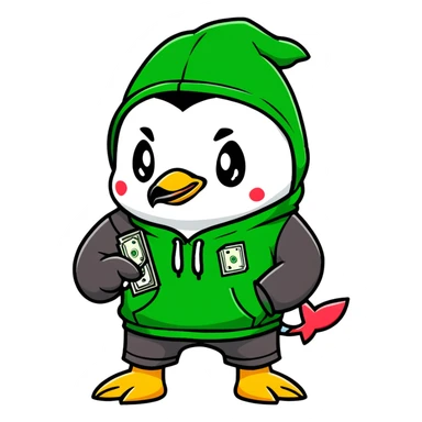 A cute half-dolphin half-penguin thug character with a gun, wearing a blood-splattered green hoodie and Dollar General shorts sticker
