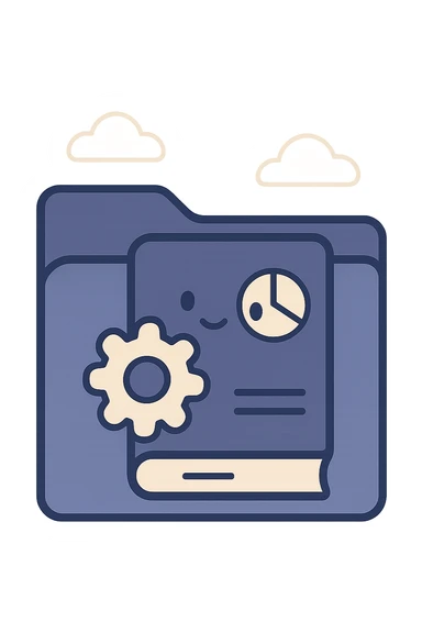 Add the book icon with gear and chart to the front of the blue folder icon, leaving some room around the borders. The book should be centered, clearly visible, and in a flat, modern style with a fully transparent background. Prioritize clarity and recognizability. sticker